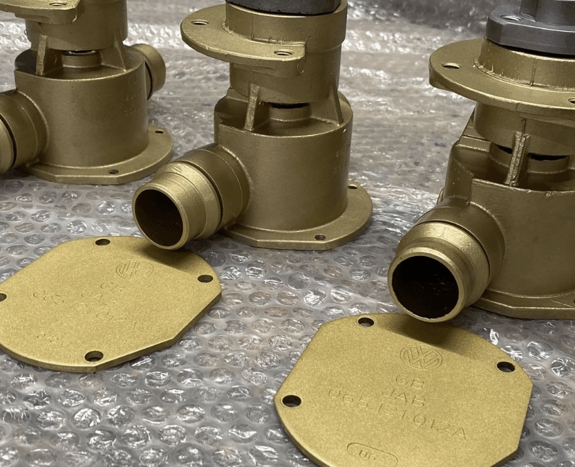 Brass pump housings bead blasted & protected by transparent coat ceramic